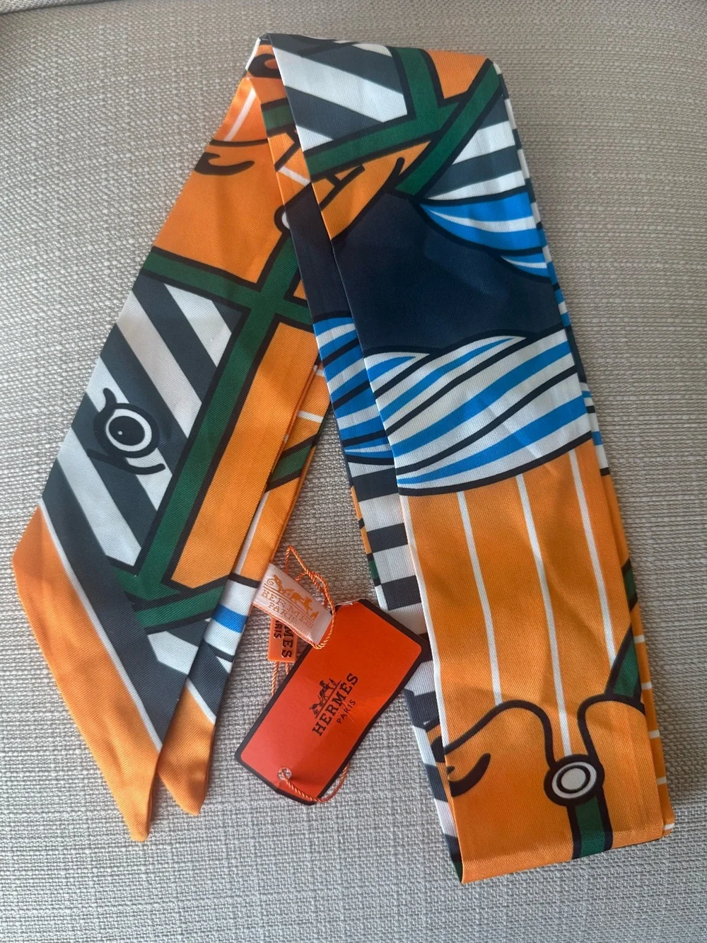 Hermès Quadrige Bayadere Twilly Silk Scarf Ocre Gris Vert NWT